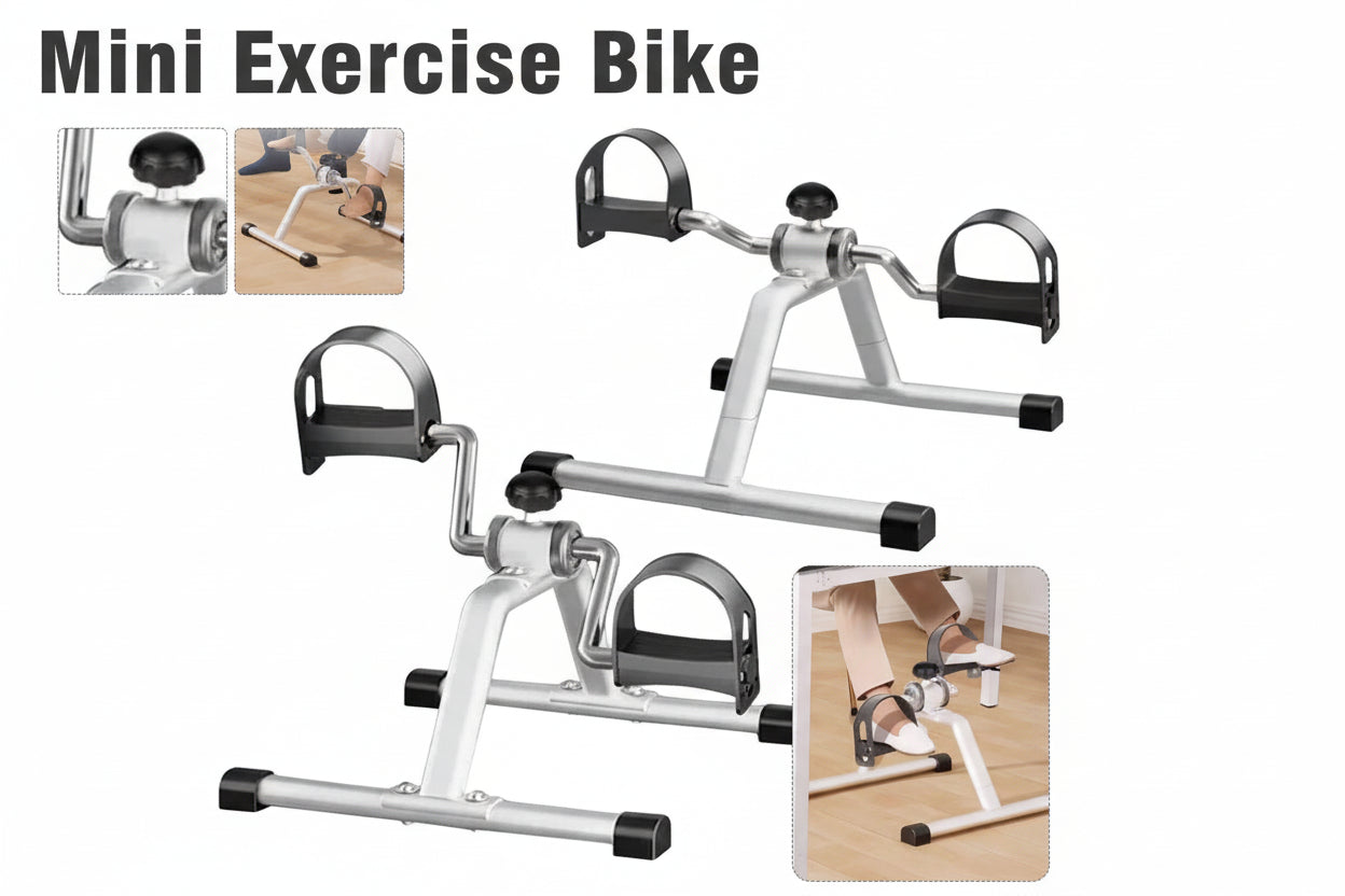 Mini exercise bike with images of use and promotional text on a white background